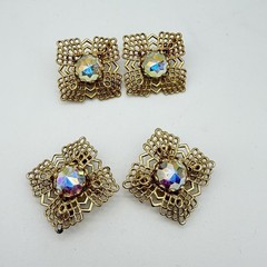 Vintage AB Rhinestone Brooch Pendant Clip On Earring Set Gold Tone Filigree Read