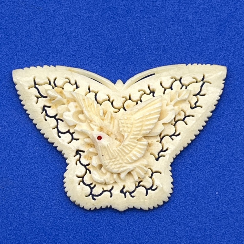 Vintage Carved Celluloid Butterfly Bird Brooch Openwork 2″