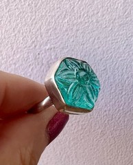 VINTAGE CARVED FLOWER AQUA BLUE GLASS RING 925 STERLING UNIQUE HEXAGON SHAPE