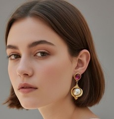 Vintage Gold Tone Pink Cabochon Faux Pearl Dangle Pierced Earrings Statement