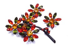 Vintage Rhinestone Flower Brooch Earrings SET
