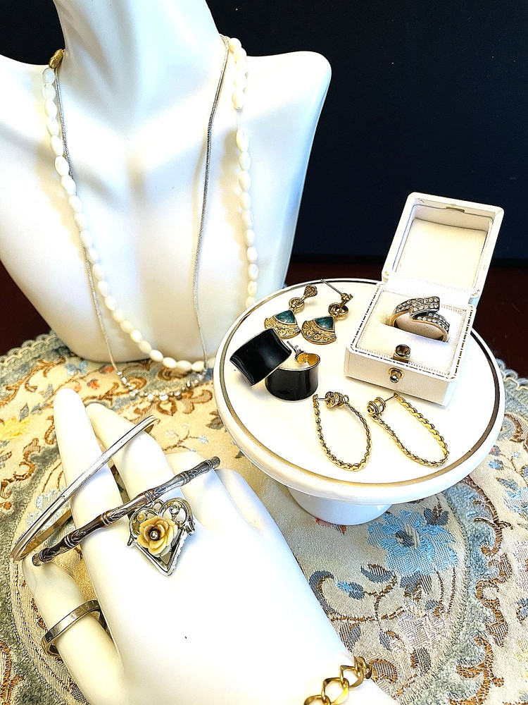 Vintage Jewelry Lot 20th Century 11 Pc Bracelets Necklaces Rings Earrings Pin