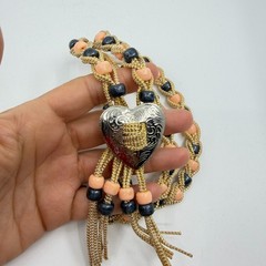 Boho Heart Bolo Necklace Gold Tone Woven Cord Peach Black Beads