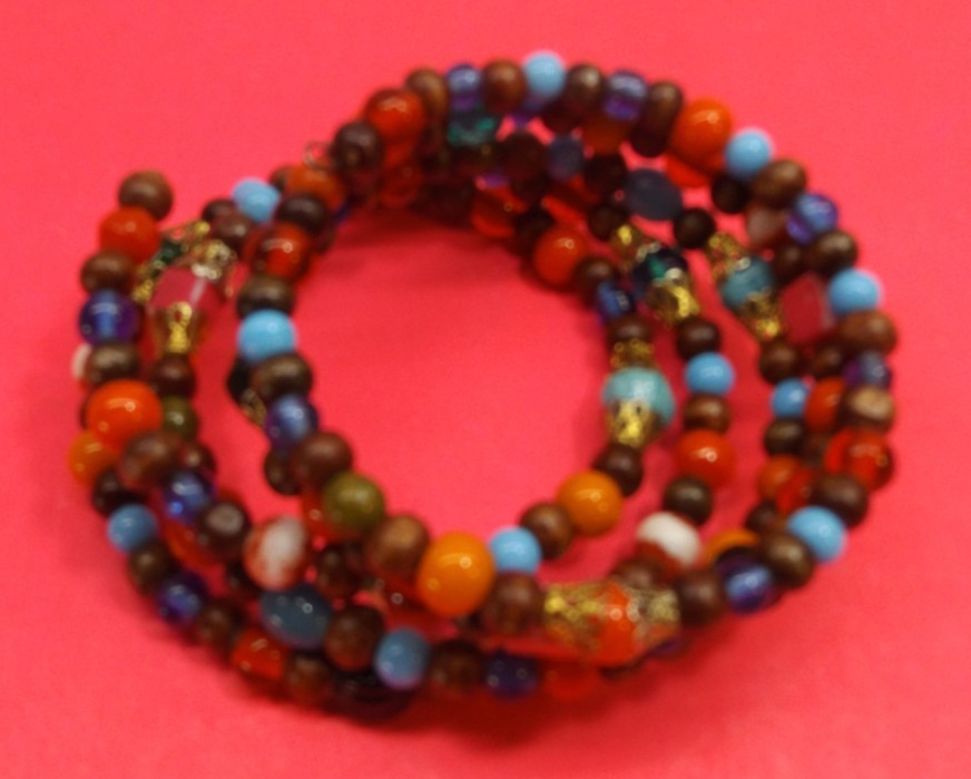Vintage Spiral Wrap Bracelet with Multiple Colors Wood Glass Metal Plastic Beads