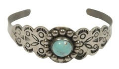 Vintage Nickel Silver Child’s Size Fred Harvey Era Faux Turquoise Cuff Bracelet