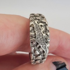 Vintage Sterling Silver Nugget Scar Scratch Tear Pave Band Ring Size 11.75