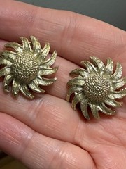 Vintage Textured Sunflower Daisy Clip Earrings Gold Tone Stamped BSK Omega Backs