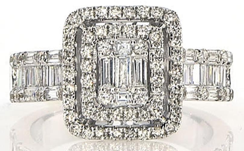 LARGE .99CT DIAMOND 18KT WHITE GOLD ROUND & BAGUETTE DOUBLE HALO ENGAGEMENT RING