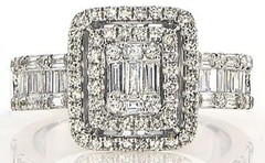 LARGE .99CT DIAMOND 18KT WHITE GOLD ROUND & BAGUETTE DOUBLE HALO ENGAGEMENT RING