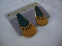 VINTAGE SAMUEL HUANG DESIGNER CLOISONNE RETRO ABSTRACT TEAL ENAMEL STUD EARRINGS