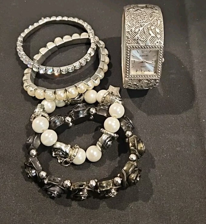 Women’s Pre-owned Lot Of 5 Silver Black Bracelets & Watch
