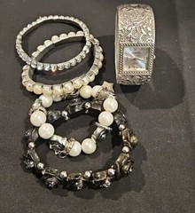 Women’s Pre-owned Lot Of 5 Silver Black Bracelets & Watch