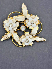 Vintage Austrian White Floral Crystal and Enamel Gold Tone Brooch