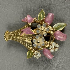 Vintage Pink Rhinestone Enamel Flower Basket Brooch Green Floral Pin
