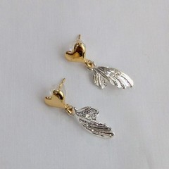 Estate Vintage 2 Tone Gold Heart + Silver Butterfly Or Fairy Wings 1.25″ Drop