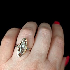 Vintage Diamonds 14k Multi Tone Gold Snowdrop Floral Navette Cocktail Ring Retro