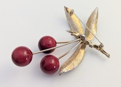 Vtg Large Red Cherry Enamel Cherry Fruit Leaf Brooch 3.25″