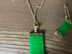 Vintage Chinese Jade Pendant+Earrings+Ring Set JC Stamped Jewelry