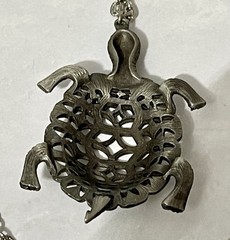 Vintage Dark Silver Tone Turtle Pendant And Chain – Open Work Design 2.5 Inches