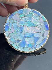 Large Vintage 14K Gold Rope Design Opal Mosaic Statement Pendant 2 5/8″ length