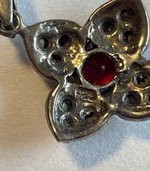 Dainty Silver Necklace Small Red Sterling 925 Flower Vintage Pendant 17.75″ D409