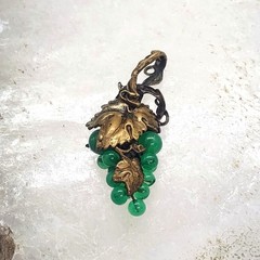 Vintage Green Jade Bead Grape Cluster Pendant w/Gold Tone Brass Leaves Detail 2″
