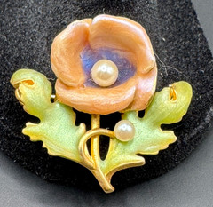 Joan Rivers Peach Enamel Flower Brooch Faux Pearl Gold Tone Signed Pin Vintage