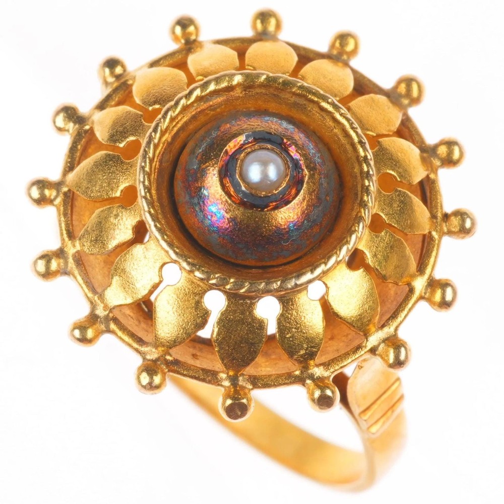 sz7.5 Antique 19k gold seed pearl ship’s wheel form nautical statement ring