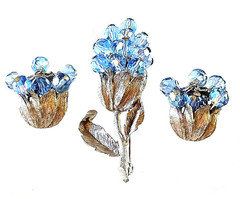 Vintage Silver-Tone Blue Faceted Crystal Bead Dangle Brooch Pin & Earrings – Exc