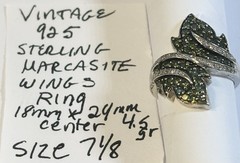 Vintage 925 Sterling Marcasite Wings Ring Size 7 1/8 18mm X 24mm Center