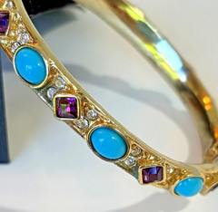 Kenneth Jay Lane Amethyst Faux Turquoise Cabochon Hinged Bracelet Gold Plate KJL