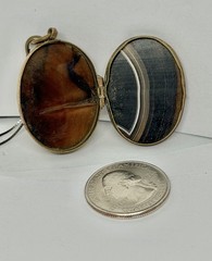Victorian Double Sided Oval Banded Agate & Agate Locket Pendant Necklace 18”