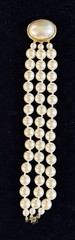 Faux Pearl Triple Strand Bracelet Carol Lee Signed Oval Cabochon Pearl Clasp 7”