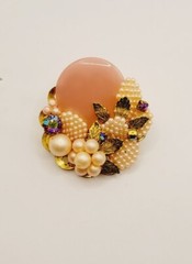 Flower brooch Pink Rhinestone Baby Faux Pearl Crystal AB Gold tone Vintage Pin