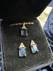 Vtg Faux Blue Sapphire Gold tone Earrings & Necklace Set Publishers Clearing