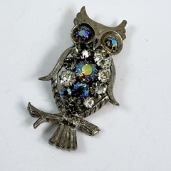 Vintage Sparkly AB Rhinestone Silver Tone Owl Brooch