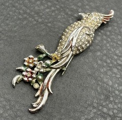 20’s VTG Unsigned Figural Bird Cockatiel Dress Fur Clip Rhinestone Enamel Read