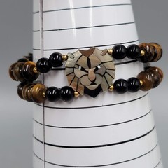 Lee Sands Bracelet Lion Face Zodiac Leo Tiger’s Eye Bead Stretch 6.25″