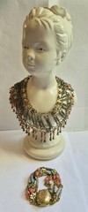 Vintage Egyptian Revival Faience Style Bib Necklace & Bracelet Brass Tone READ