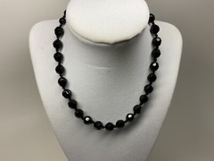 VTG Stamped Made in AUSTRIA Hand Knotted Jet Black Crystal Beaded 16” Necklace