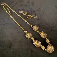 Vtg Avon Goldtone Necklace Earring Set Faux Smokey Topaz Pear Oval Facet Stone U
