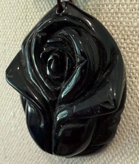 Black Onyx Necklace With Carved Rose Pendant And Graduated Faceted Beads 17.5”
