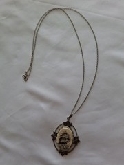 Vintage Scrimshaw Style Sailing Ship Pendant Necklace Faux Ivory Nautical Leaf