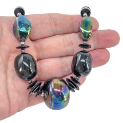 Vintage Sterling Silver 925 Iridescent Glass Beaded Necklace 31″