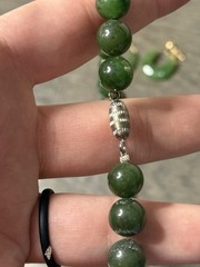 Beautiful Vintage Green Jade Beaded Necklace And 14KT Earrings Hoops