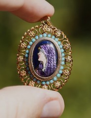 Antique 19k Solid Yellow Gold Filigree Enamel Cameo Turquoise Pendant Portugal