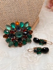 Vintage Brooch and Earrings Faceted Green Cut Glass Pin and Pierced Earrings Set