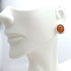 Vintage Sterling Silver Bezel Set Genuine Amber Stud Button Earrings