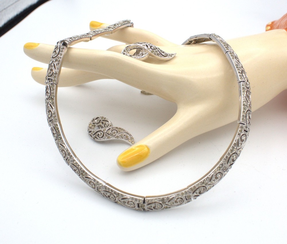 Panetta 1940s Cutout Scroll Rhinestone Necklace Clip Earring Set; Book Reference
