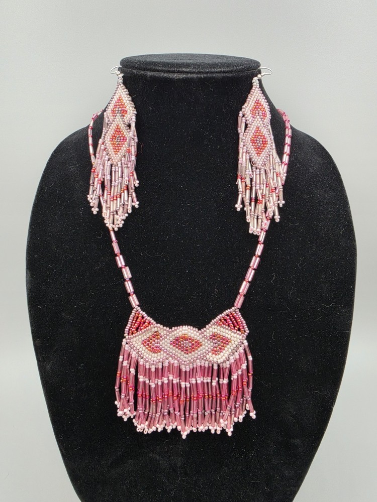 Handmade Glass Seed Bead Bib Style Necklace & Earrings Pink & White Vintage